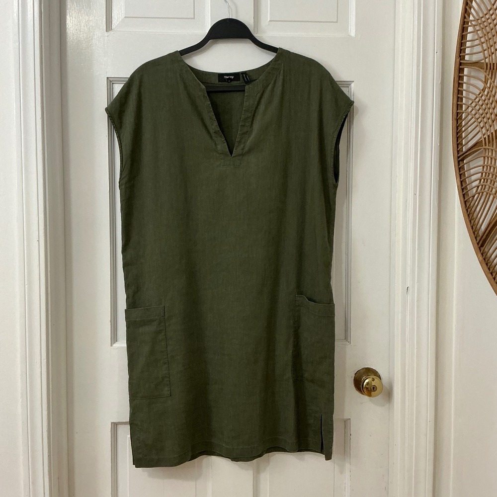 Theory Olive Green Linen Blend Shift Dress M Minimalist Lagenlook Career Utility
